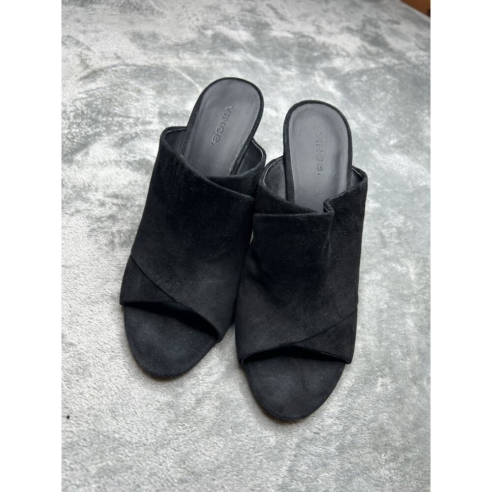 Vince Heath Black Suede Cross Strap Mule Sandal Heel Size 9